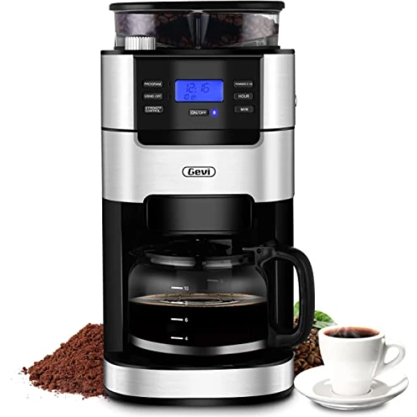 10-Cup Drip Coffee Maker, Grind and Brew Automatic Coffee Machine with Built-In Burr Coffee Grinder, Programmable Timer Mode and Keep Warm Plate,...